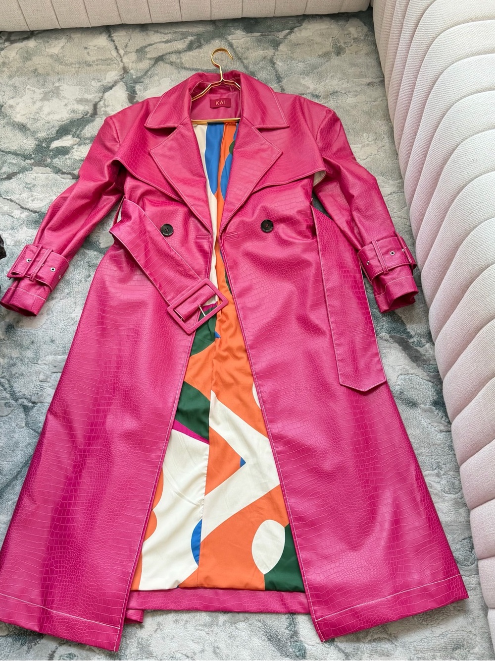 Kai Collective Hot Pink Faux-Leather Trench Coat with Patterned Lining